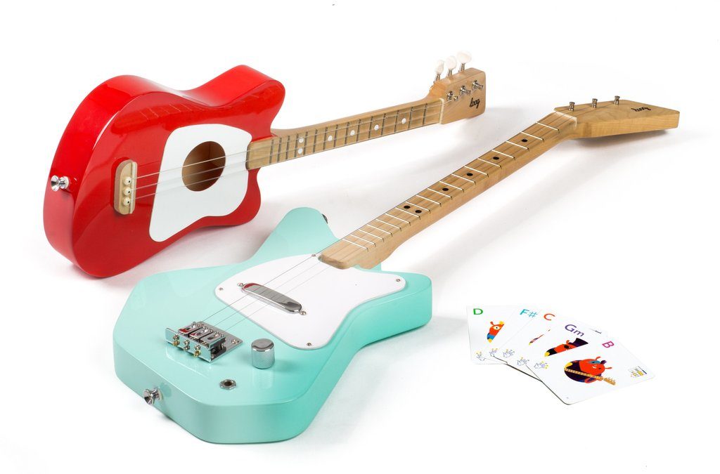 Loog Guitars pictured. Learn to play the guitar. Ages 3+